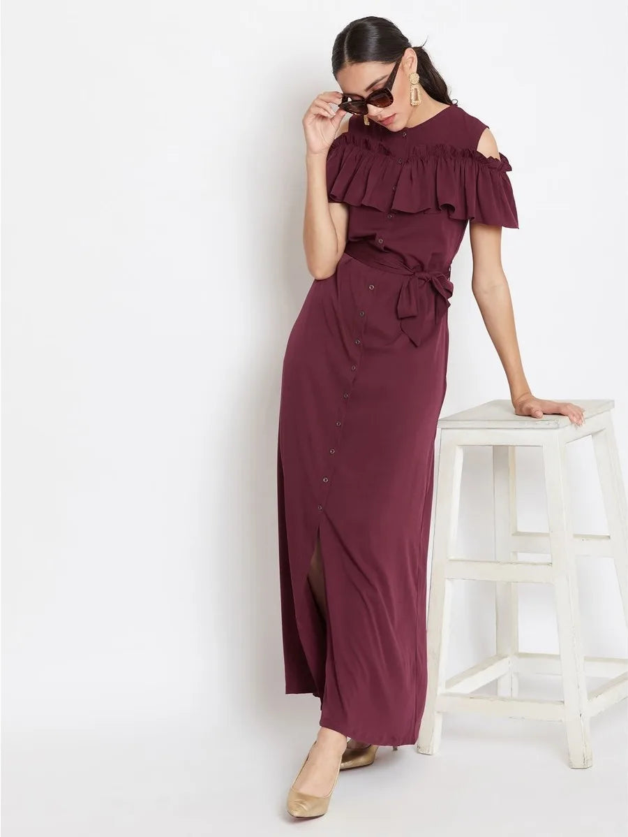 Ruffled buttoned cold shoulder maxi dress Periwinkley Shop