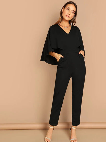 V-Neck Solid Cape Jumpsuit Periwinkley Shop