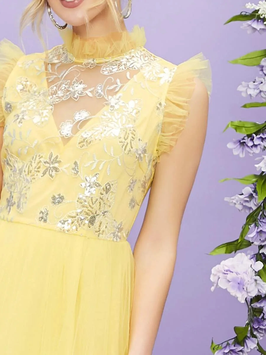 Mock-Neck Ruffle Trim Sequin Embroidery Mesh Dress Periwinkley Shop