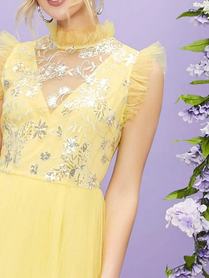 Mock-Neck Ruffle Trim Sequin Embroidery Mesh Dress Periwinkley Shop
