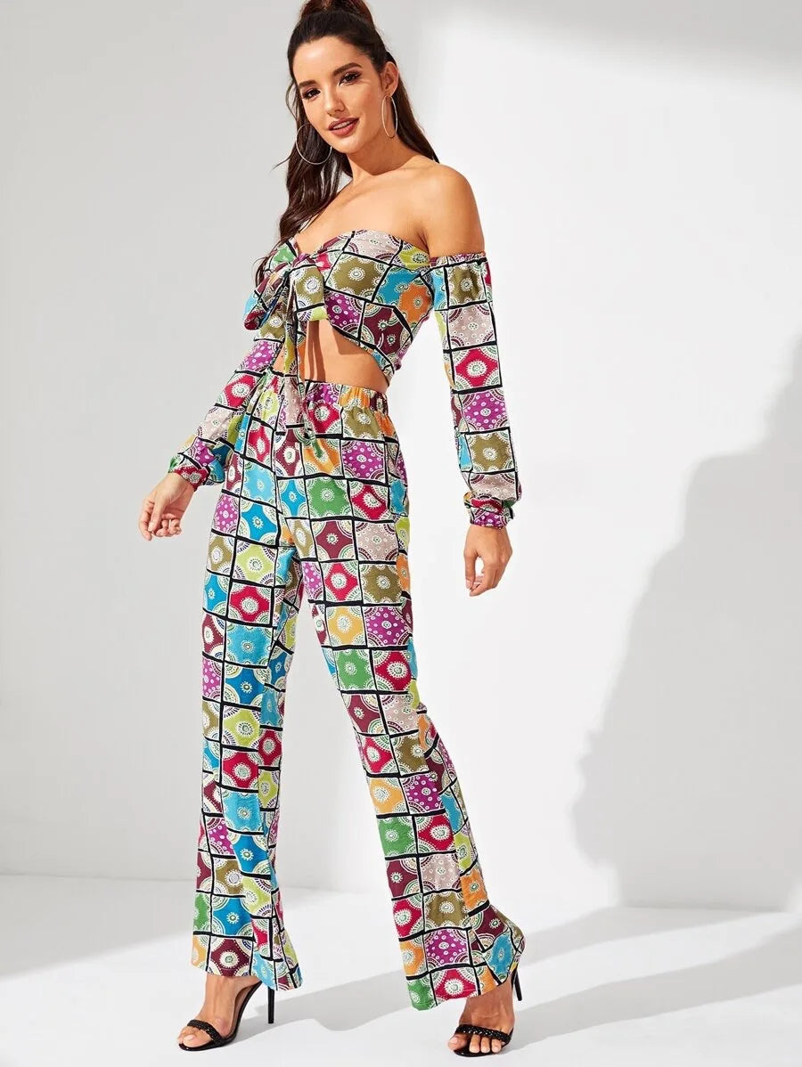 Knot Front Allover Print Top & Pants Co-Ord Periwinkley Shop