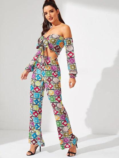 Knot Front Allover Print Top & Pants Co-Ord Periwinkley Shop