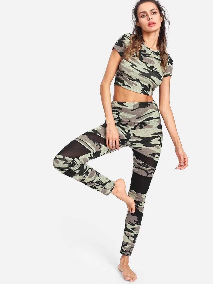Camo Crop Top & Mesh Insert Leggings Set Periwinkley Shop