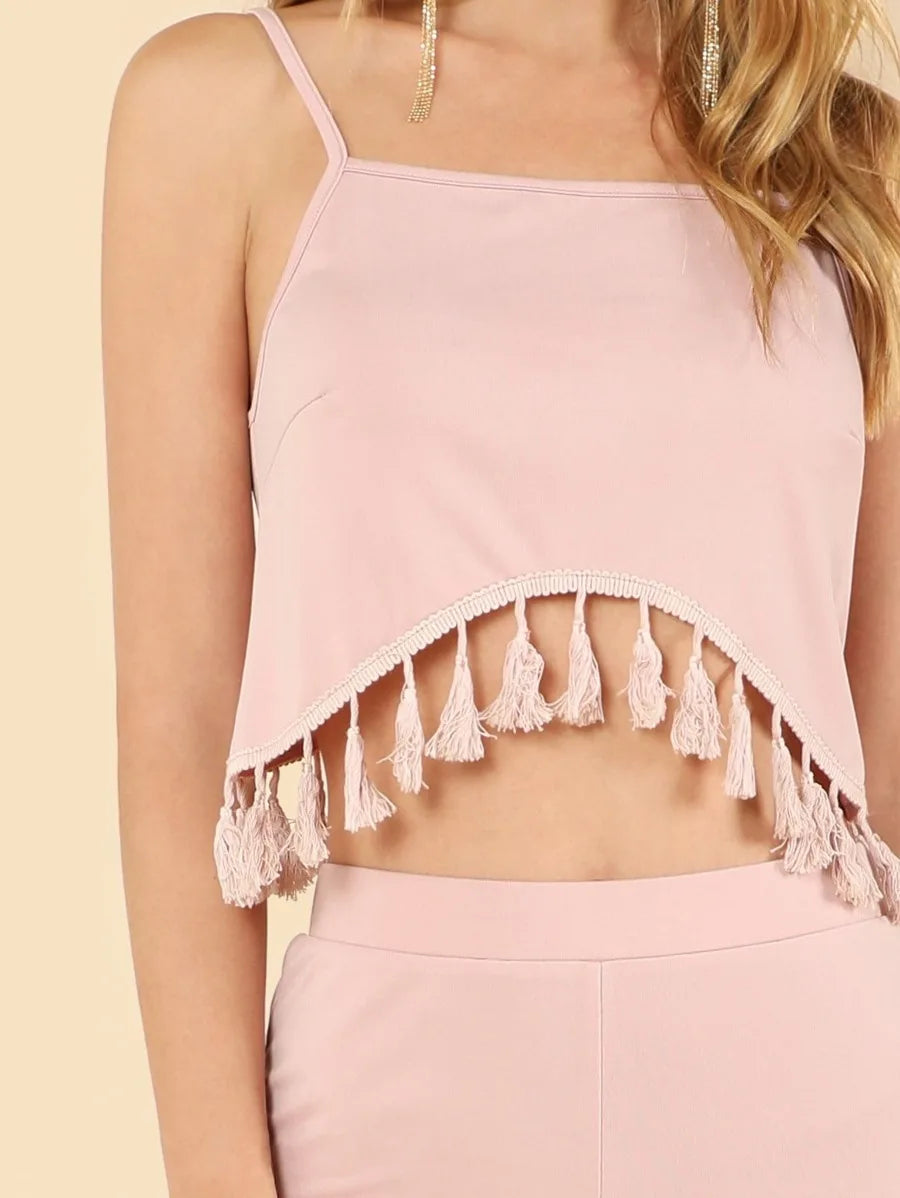 Tassel Detail Crop Cami Top & Pants Set Periwinkley Shop