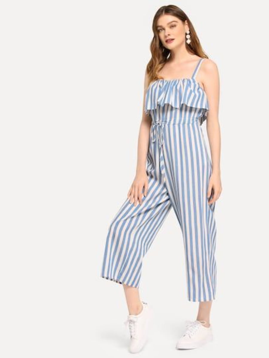 flounce trim drawstring waist striped jumpsuit Periwinkley Shop
