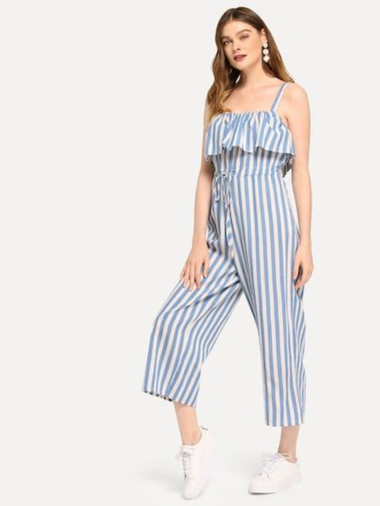 flounce trim drawstring waist striped jumpsuit Periwinkley Shop