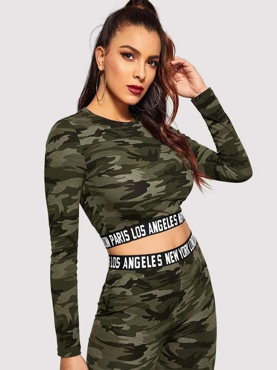 Contrast Letter Tape Camo Print Crop Tee &amp; Leggings Set Periwinkley Shop
