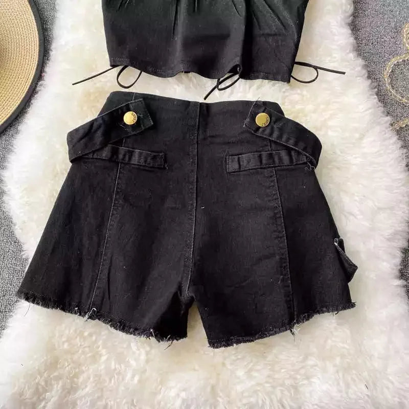 Two Piece Set Denim  Short Strapless Bra Top Retro Denim Shorts Periwinkley Shop