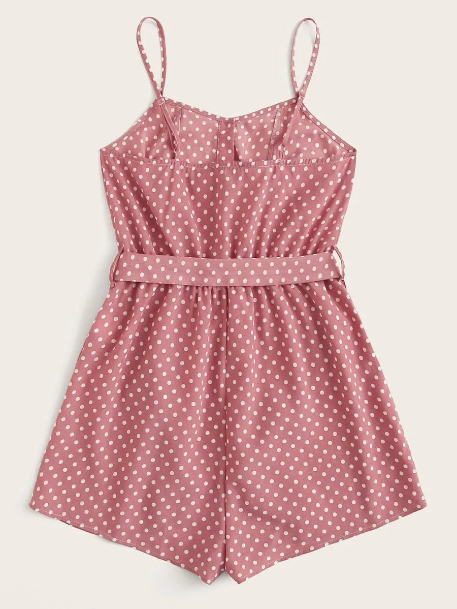 Button Front Polka Dot Belted Romper Periwinkley Shop
