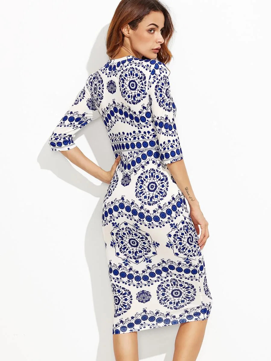 Porcelain Print Pencil Dress Periwinkley Shop