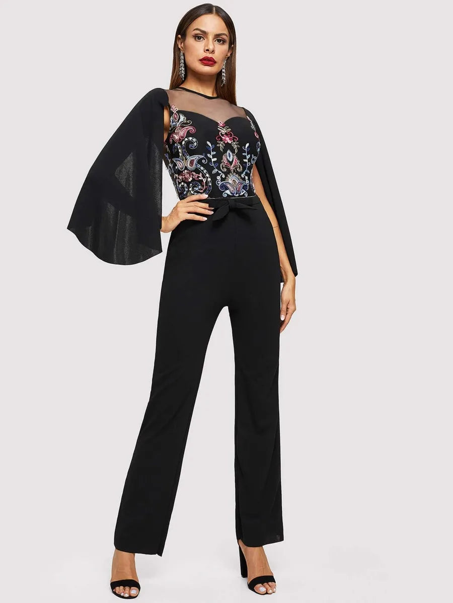 Cape Sleeve Mesh Insert Embroidered Jumpsuit Periwinkley Shop
