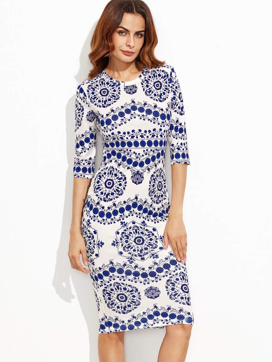 Porcelain Print Pencil Dress Periwinkley Shop