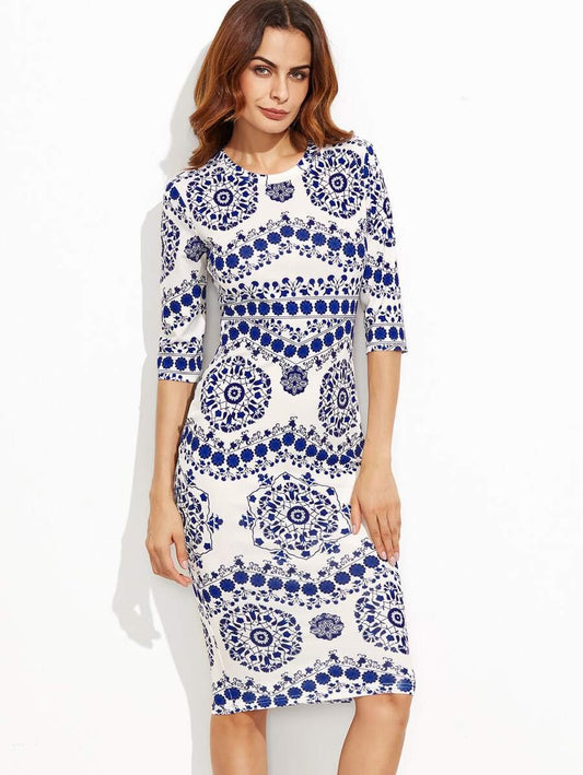 Porcelain Print Pencil Dress Periwinkley Shop