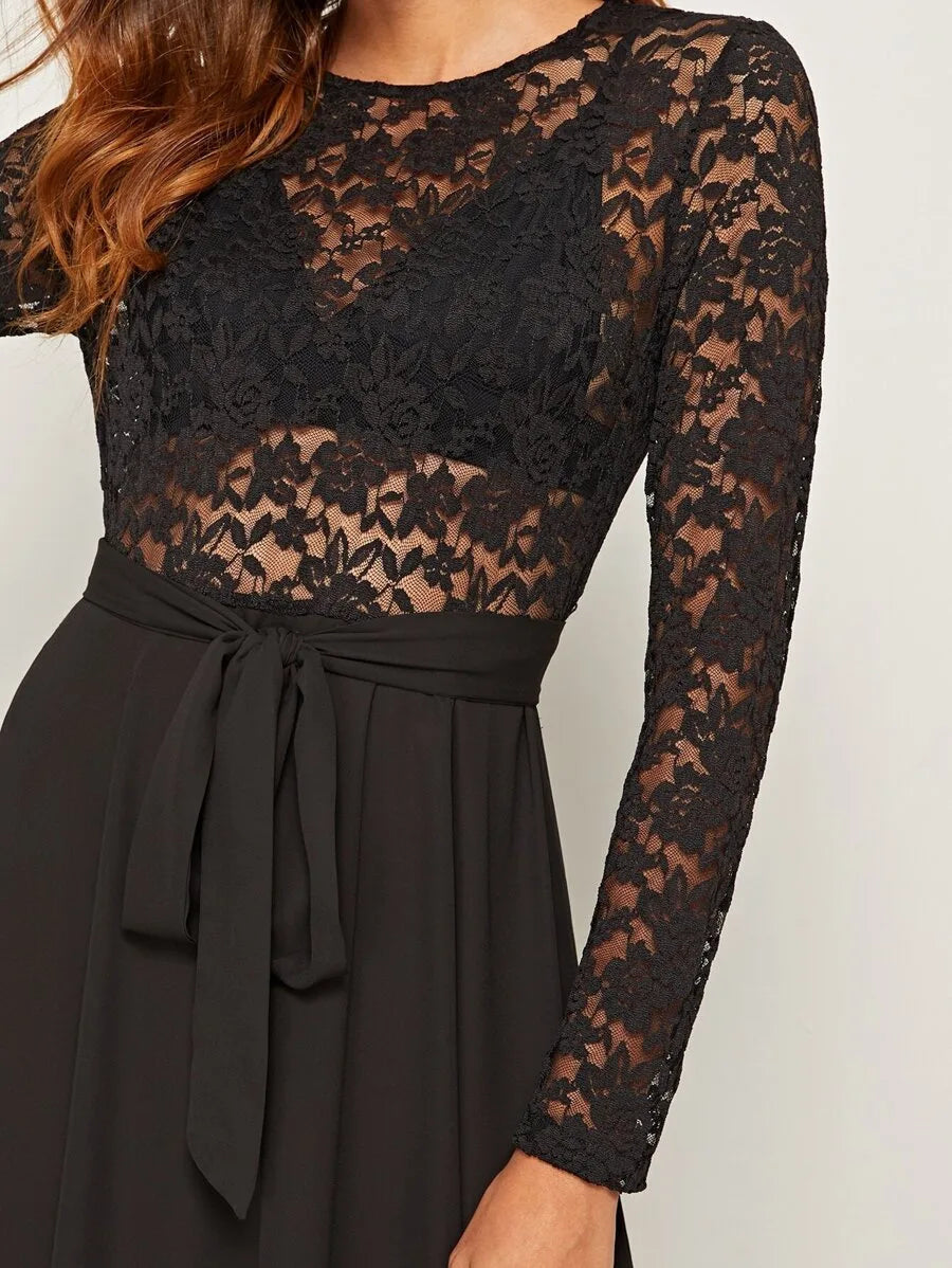 Sheer Lace Bodice Self Belted Flared One Piece Dress Periwinkley Shop
