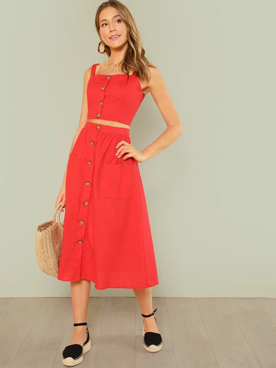 Button Up Crop Cami Top & Flare Skirt Set Periwinkley Shop