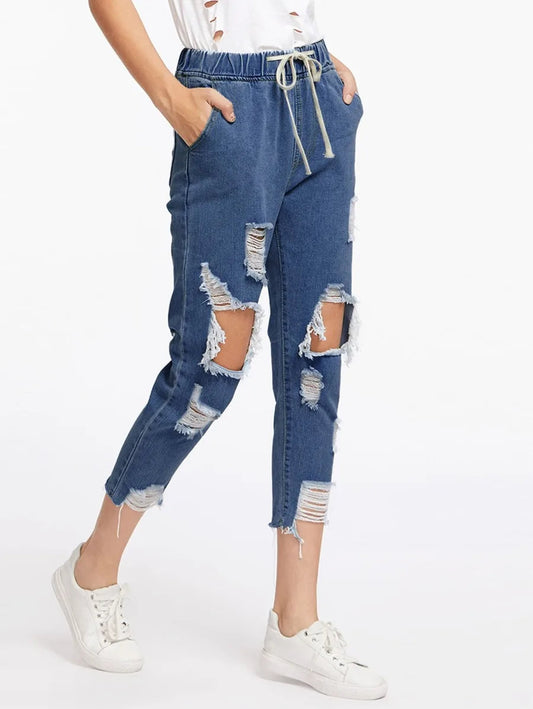 Extreme Destroyed Raw Hem Drawstring Waist Crop Boyfriend Jeans Periwinkley Shop