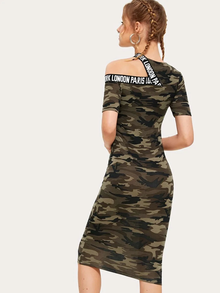 Asymmetrical Shoulder Tape Dress Periwinkley Shop