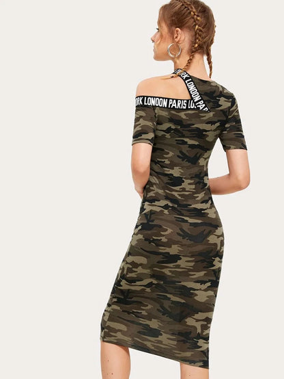 Asymmetrical Shoulder Tape Dress Periwinkley Shop