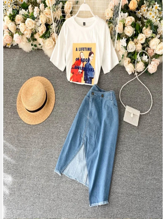 Graphic print T-shirt and side cut denim skirt set Periwinkley Shop