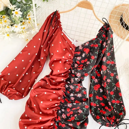 Fashion Patchwork Print Puff Long Sleeve Dress Periwinkley Shop