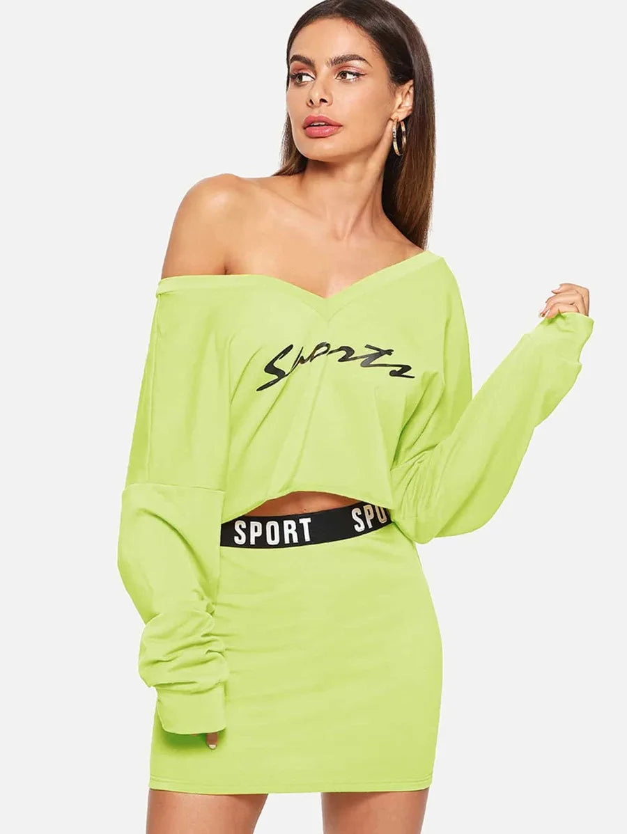 Double V Neckline Letter Pullover and Bodycon Skirt Set Periwinkley Shop