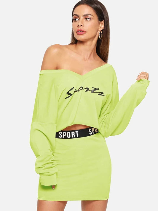 Double V Neckline Letter Pullover and Bodycon Skirt Set Periwinkley Shop