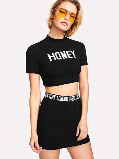 Letter Print Ribbed Crop Tee And Skirt Set Periwinkley Shop