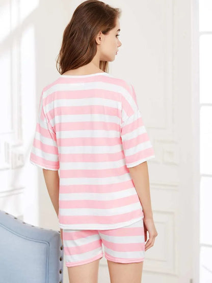 Contrast Striped Tee And Shorts Pajama Set Periwinkley Shop