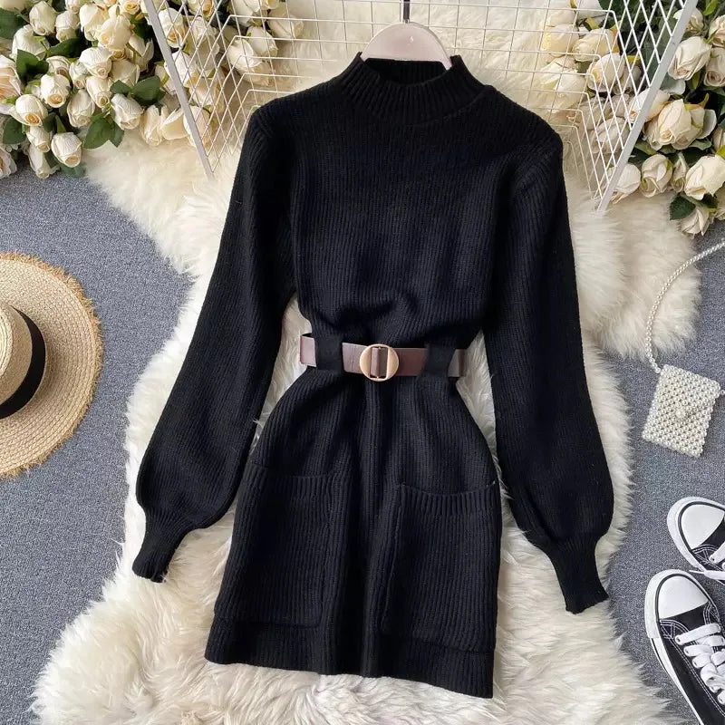 Guilantu Knitting Spring Autumn Turtleneck Puff Sleeve dress - Black Periwinkley Shop