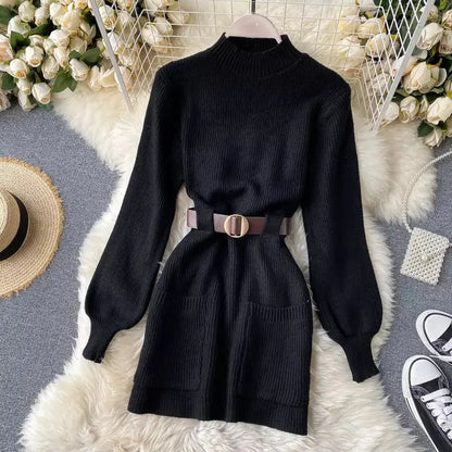 Guilantu Knitting Spring Autumn Turtleneck Puff Sleeve dress - Black Periwinkley Shop