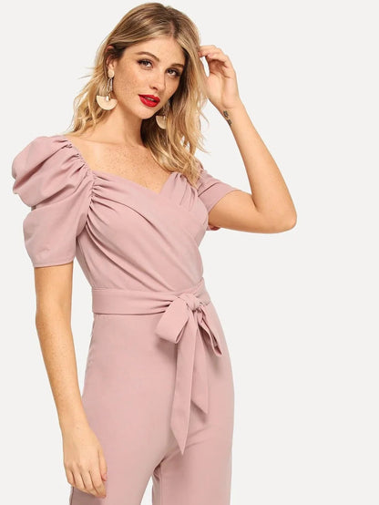 Gathered Sleeve Wrap Ruched Jumpsuit Periwinkley Shop