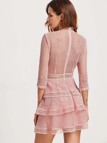 Pink high neck 3/4 sleeve layered dotted crochet dress Periwinkley Shop