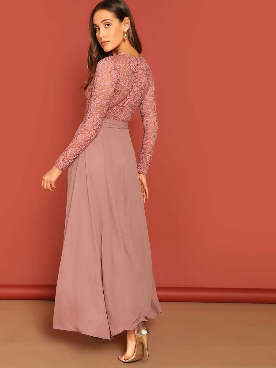 Sheer Lace Insert Belted Skater Dress Periwinkley Shop