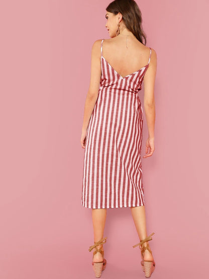 Button Through Self Belt Stripe Cami Dress Periwinkley Shop