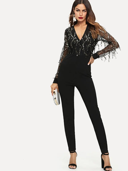 Sequin Embellished Mesh Sleeve Fitted Jumpsuit Periwinkley Shop
