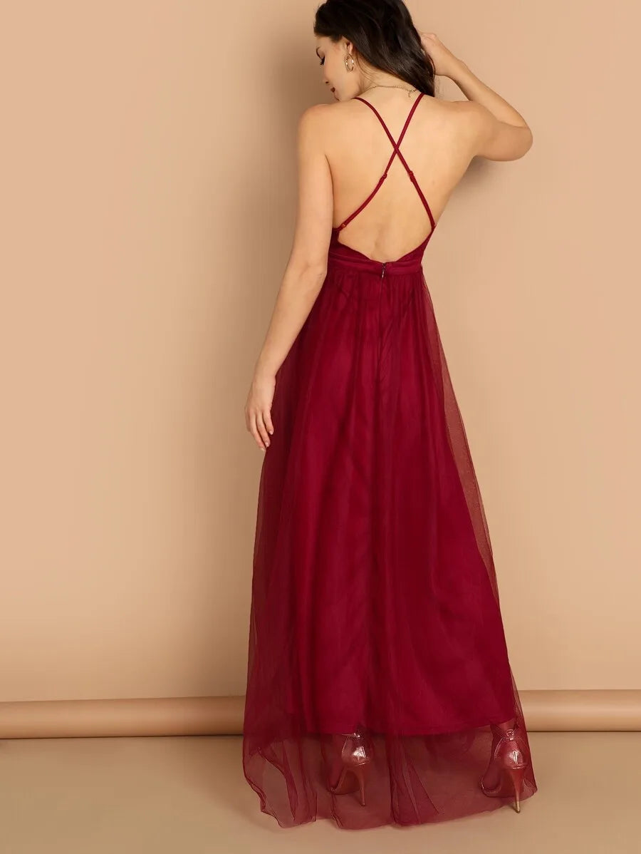 Plunging Neck Mesh-Overlay Maxi Dress-Burgundy Periwinkley Shop