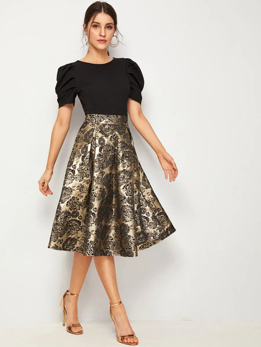 Solid Puff Sleeve Bodice Jacquard Flared Dress Periwinkley Shop