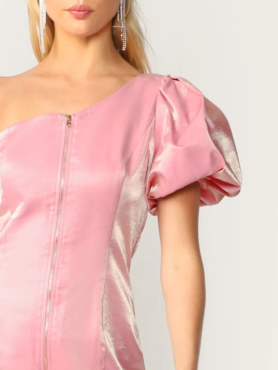 One Shoulder Puff Sleeve Zip Up Satin Dress Periwinkley Shop