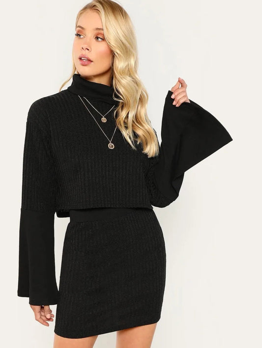 High Neck Ribbed Knit Top & Skirt Co-Ord Periwinkley Shop