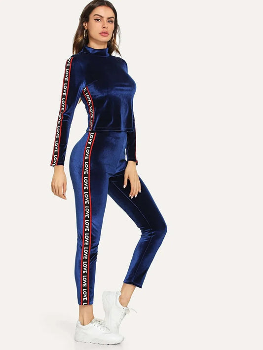 Lettered Tape Detail Velvet Top & Pants Set Periwinkley Shop