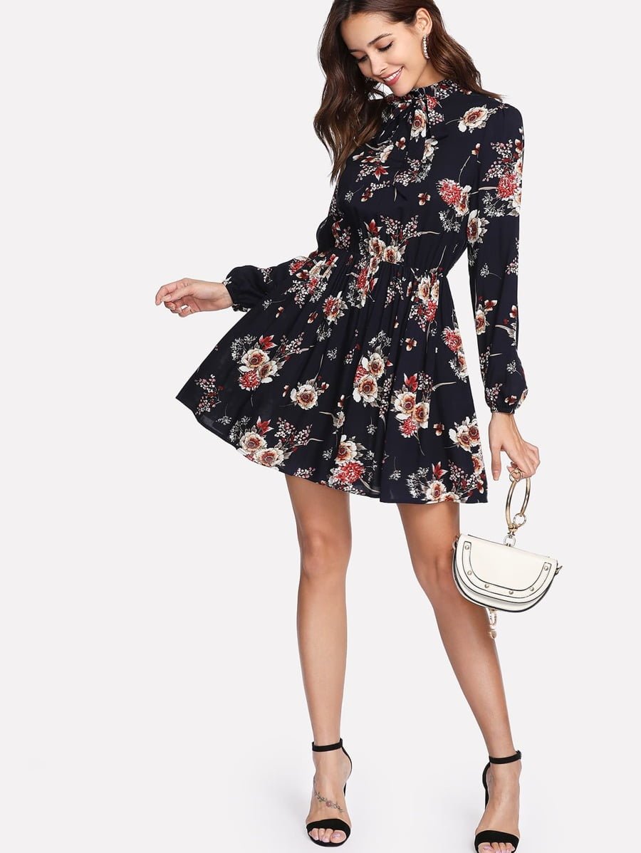 Tie Neck Flower Print Dress Periwinkley Shop