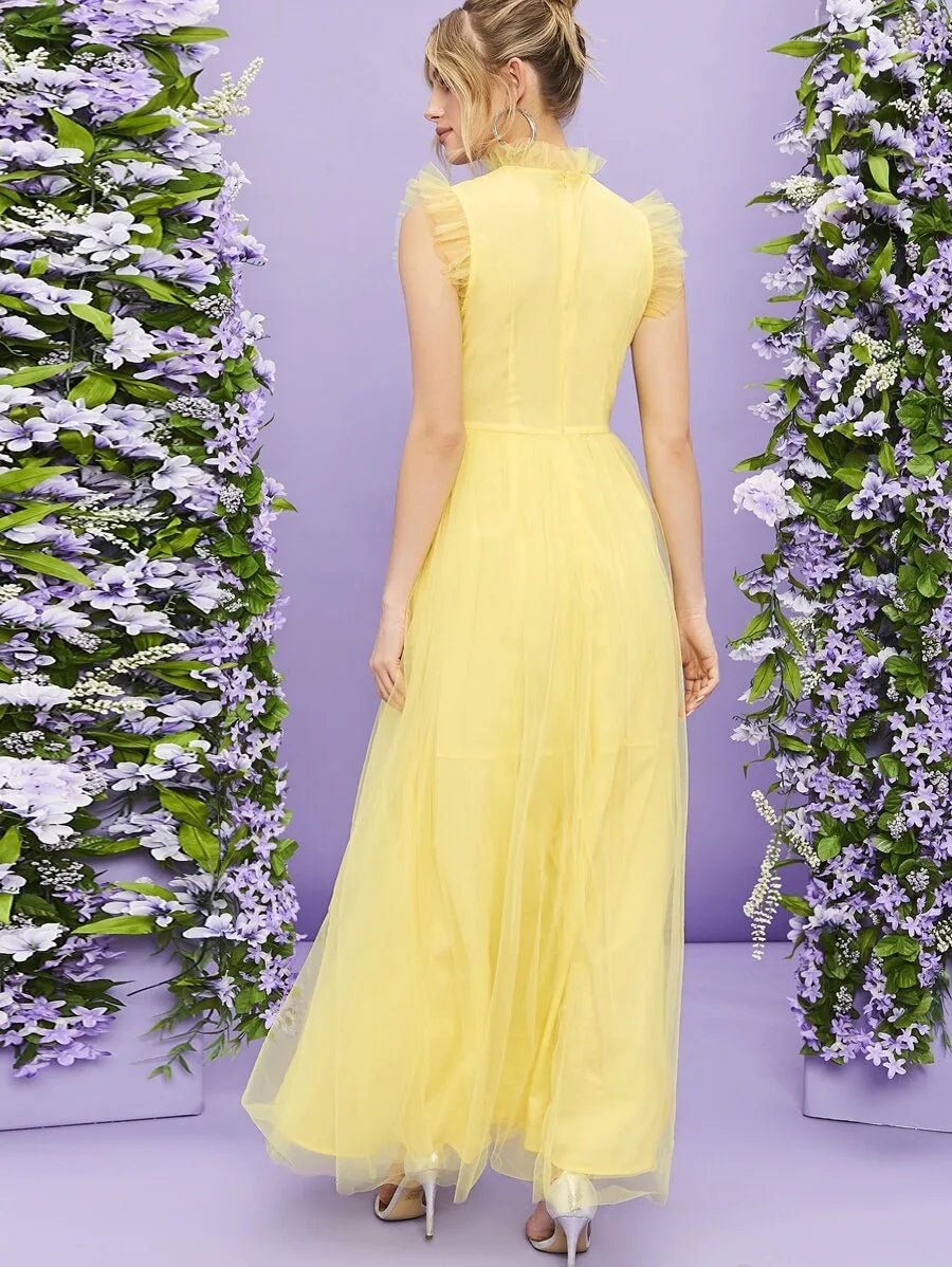 Mock-Neck Ruffle Trim Sequin Embroidery Mesh Dress Periwinkley Shop