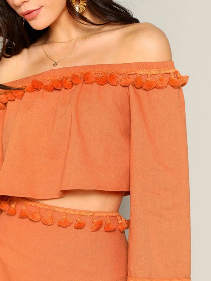 Off Shoulder Tassel Detail Top and Skirt Set Periwinkley Shop
