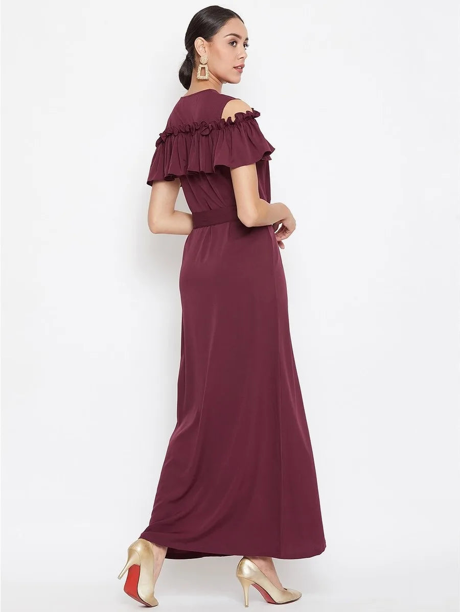 Ruffled buttoned cold shoulder maxi dress Periwinkley Shop