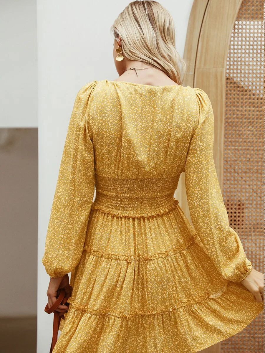 Simplee Dot Print Layered Frill Trim Shirred Dress Periwinkley Shop