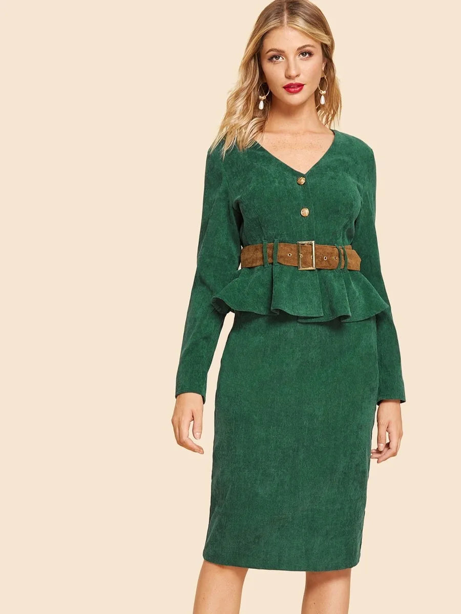 Button Up Belted Top & Skirt Set Periwinkley Shop