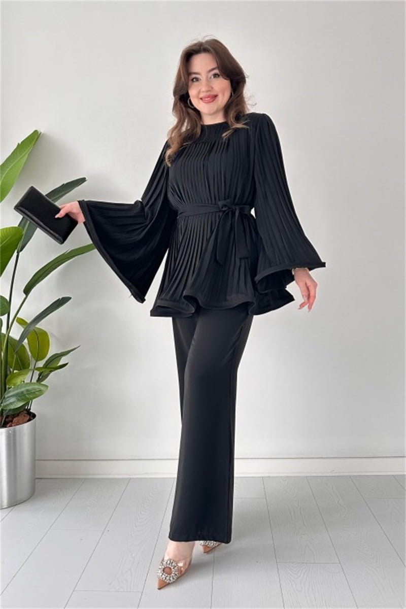 Women's Fashion Casual Belt Pleated Loose Top Wide Leg Pants Two Piece Set-  Black Periwinkley Shop