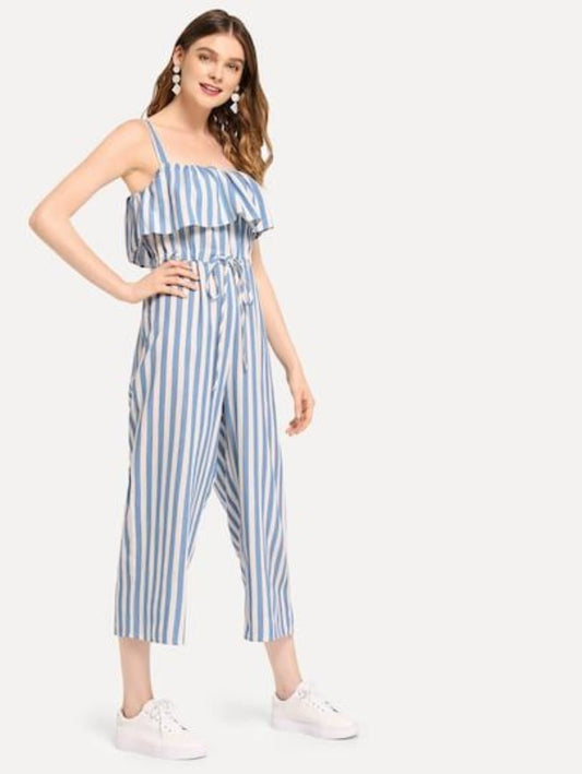 flounce trim drawstring waist striped jumpsuit Periwinkley Shop