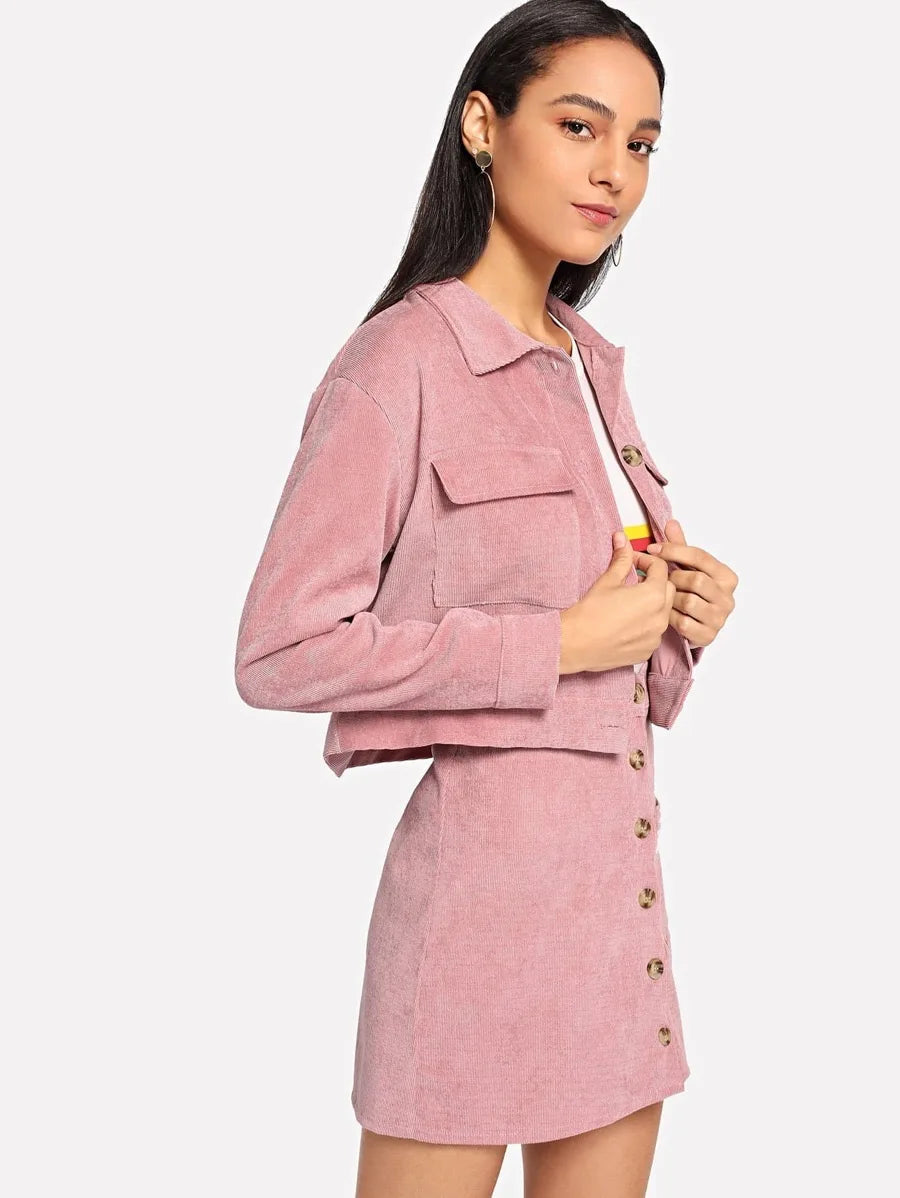 Corduroy Pocket Decoration Top With Button Front Utility Skirt Periwinkley Shop