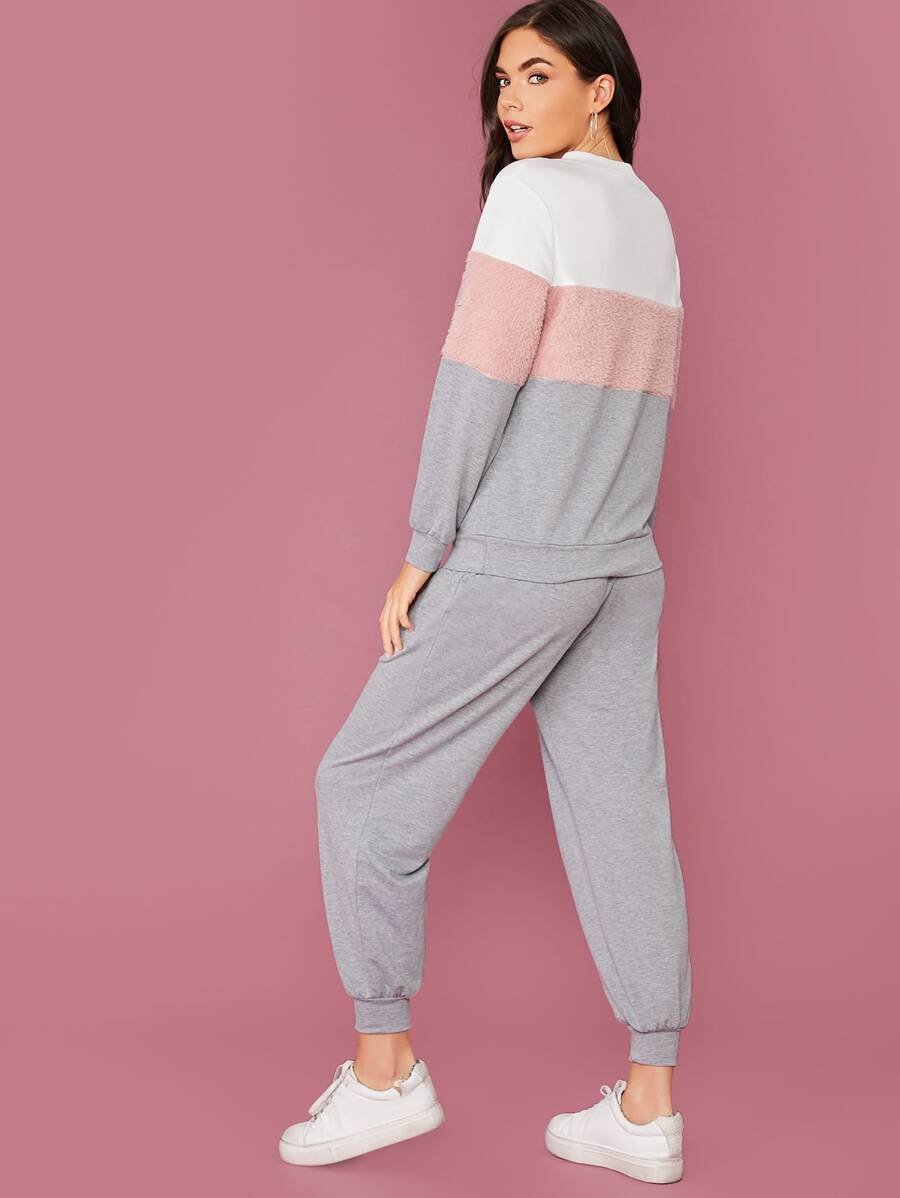 V-Cut Neck Colorblock Teddy Panel Pullover & Sweatpants Set Periwinkley Shop